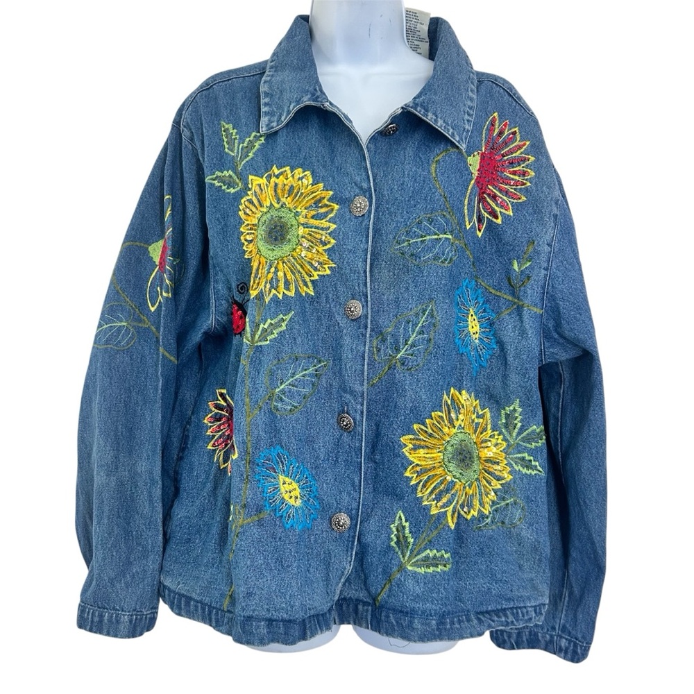 Vintage 90s Embroidered Sunflower Ladybug Denim Jacket Size L Blue Cottagecore - Picture 2 of 13